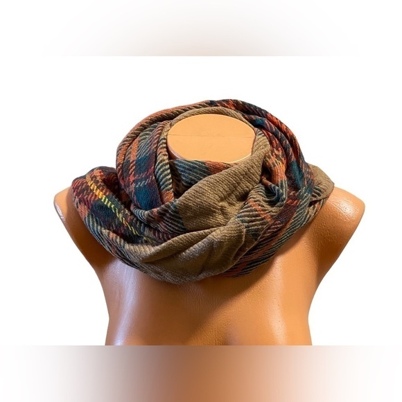 NWT MODENA Airspun Woven Plaid Infinity Loop Scarf Camel Blue Orange Yellow - Picture 1 of 10